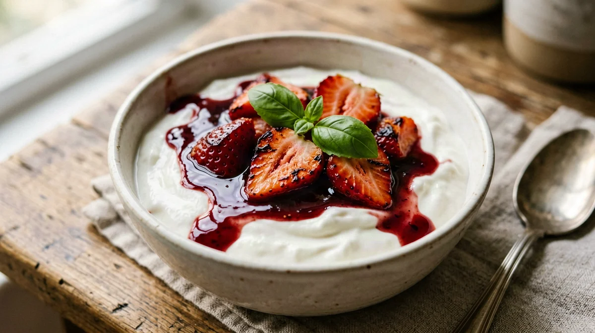 Fragole arrosto con yogurt greco e basilico