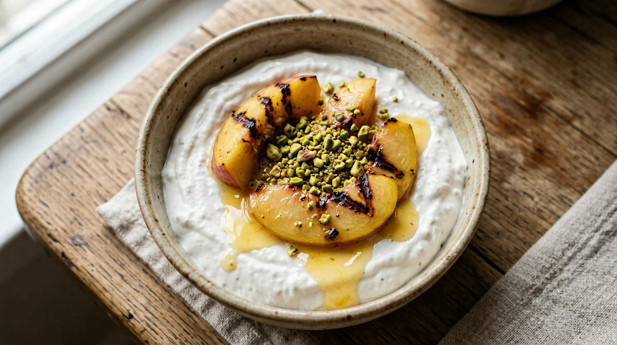Pesche grigliate con skyr al miele