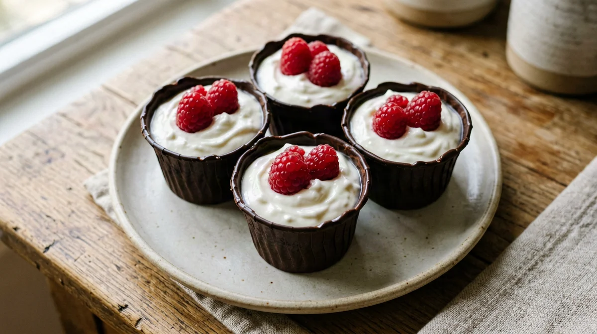 Cestini di cioccolato con yogurt greco e lamponi