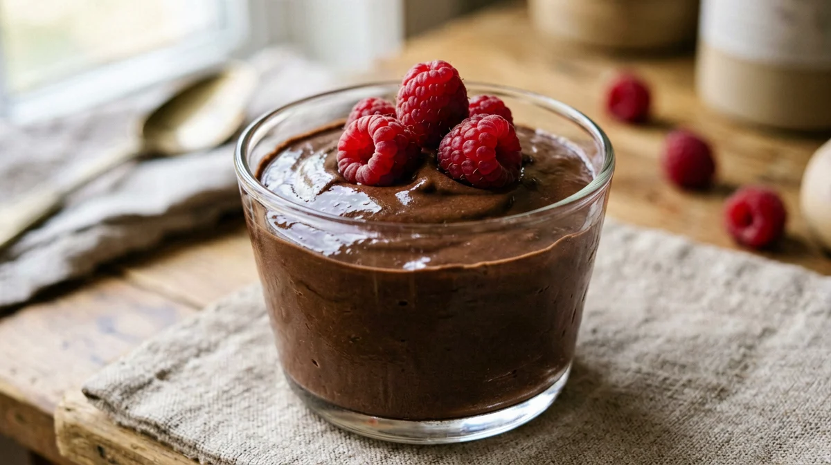 Silken tofu cocoa mousse with raspberries