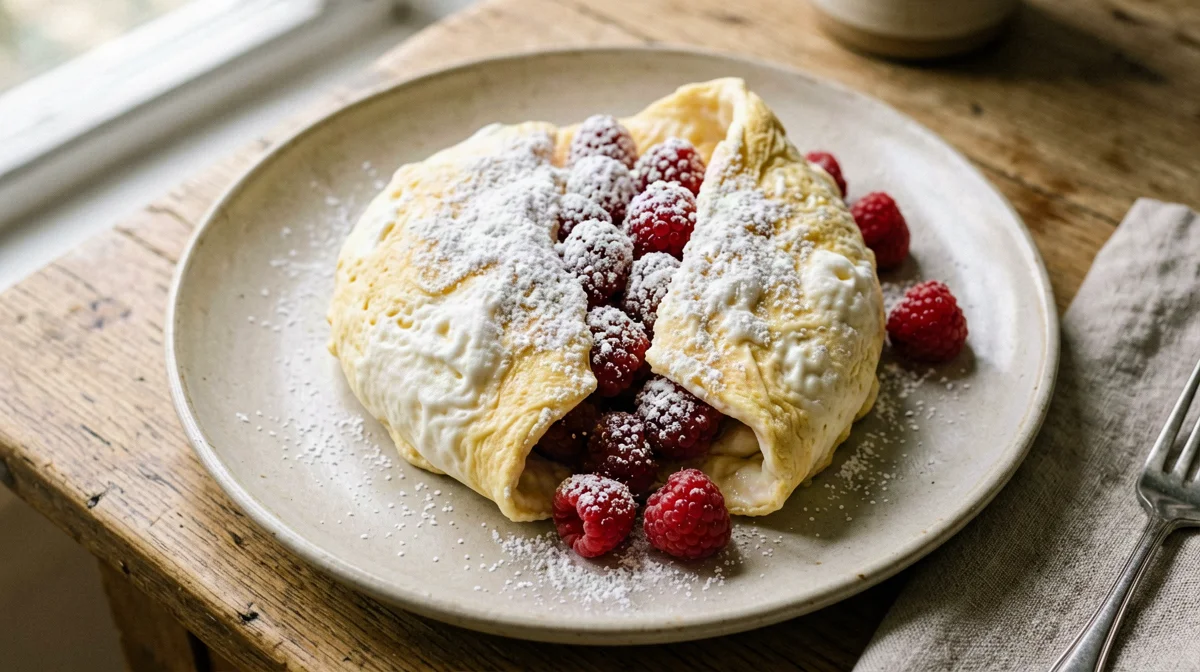 Egg white soufflé omelette with raspberries