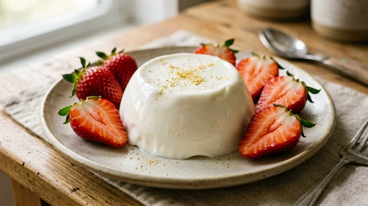 Vanilla Greek yogurt jelly with strawberries