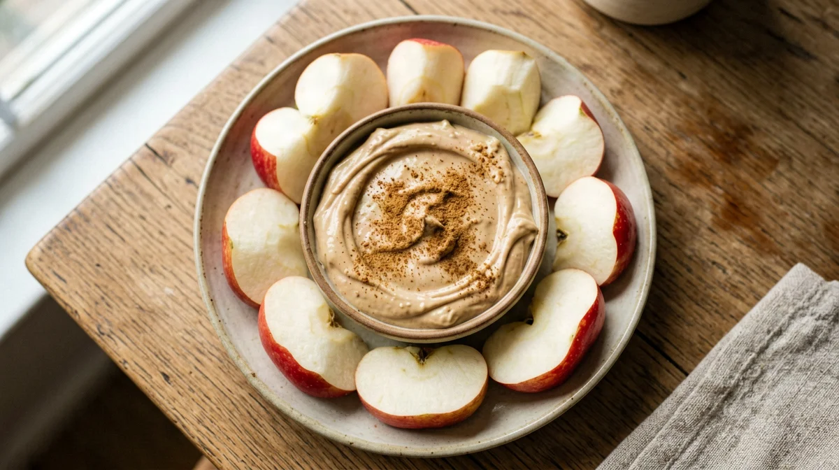 Peanut butter skyr dip with apple wedges