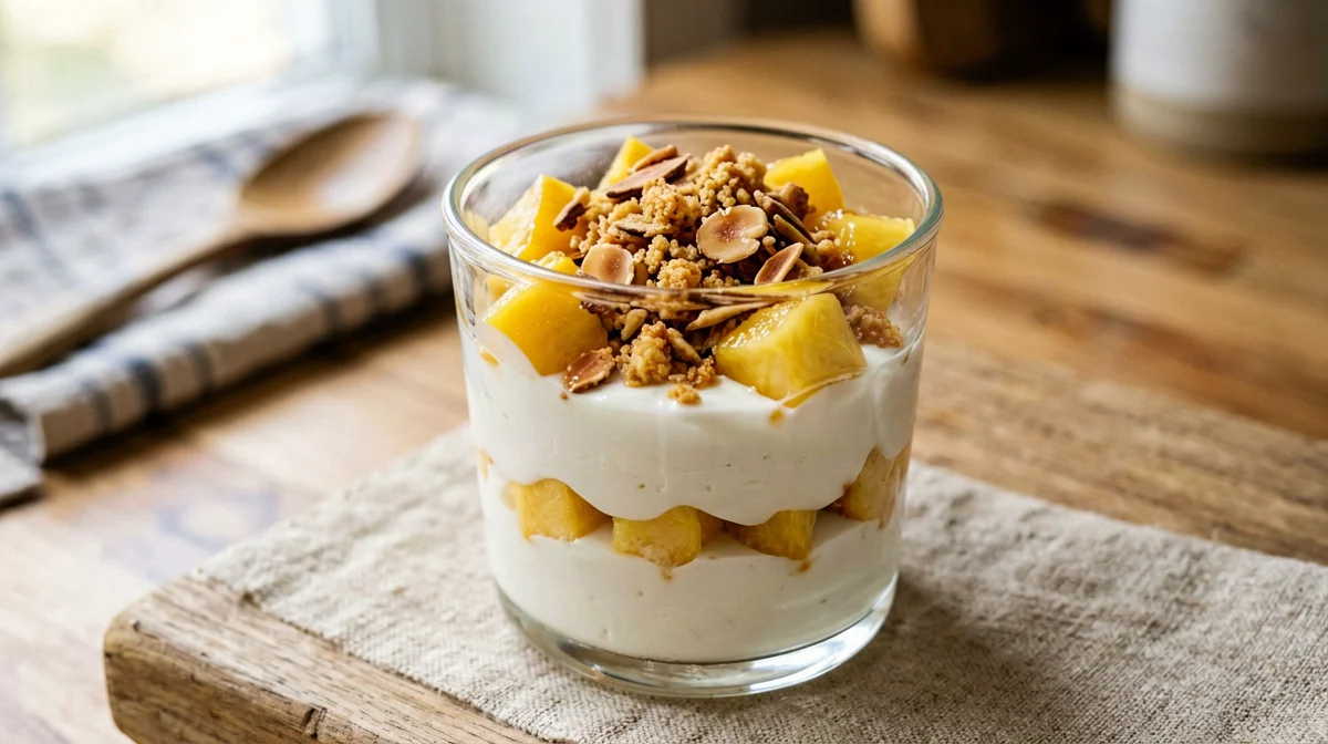 Bicchierino di quark, pesca e mandorle caramellate