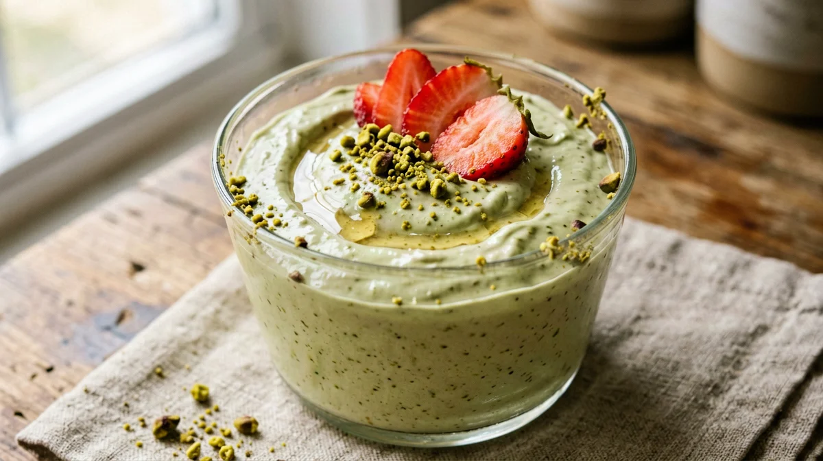Crema di skyr al pistacchio con fragole
