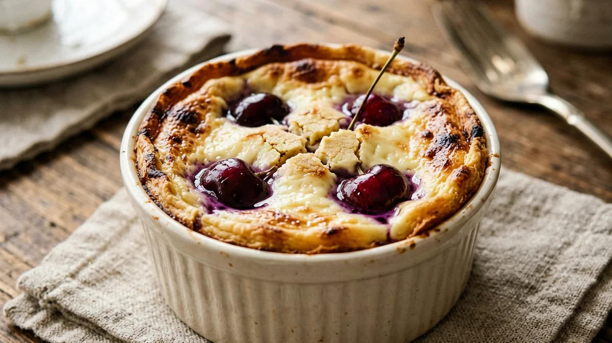 Cherry clafoutis in a ramekin