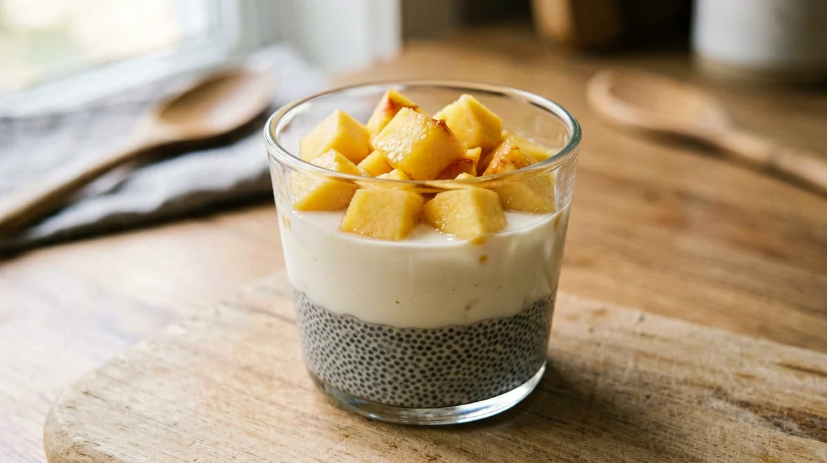 Coppa di yogurt di soia con budino di chia e pesca