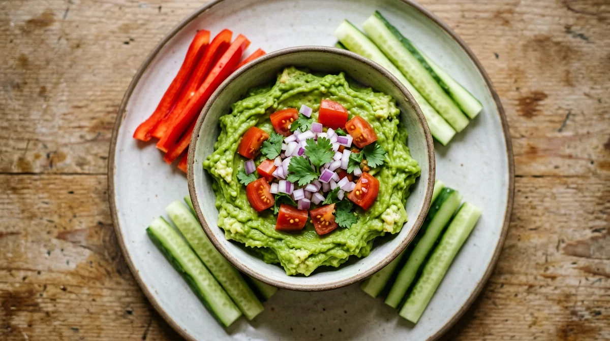 Lime guacamole with pepper and cucumber sticks