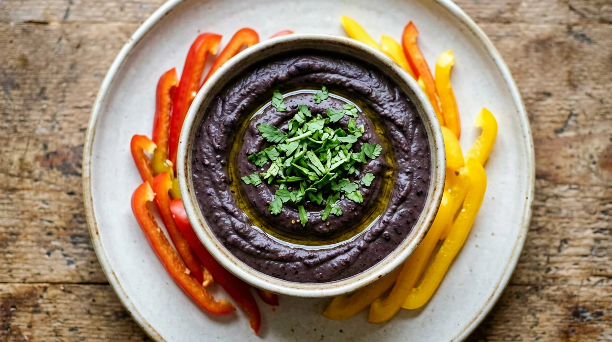 Black bean dip with lime, cumin and peppers