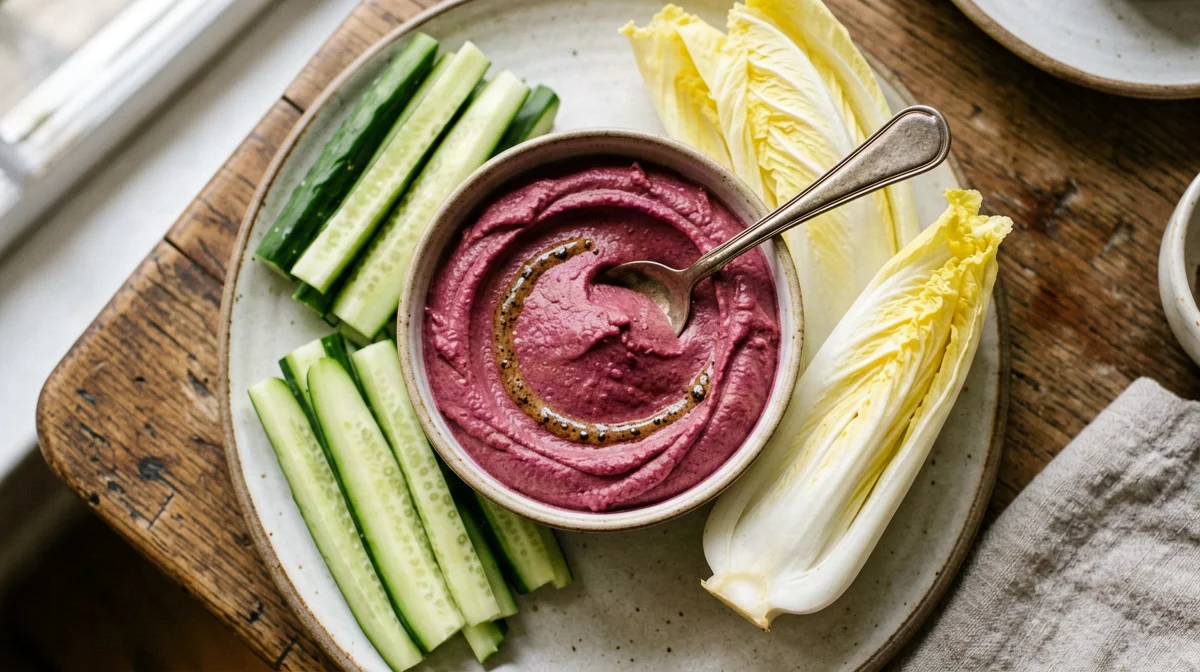 Hummus di barbabietola con cetriolo e indivia belga