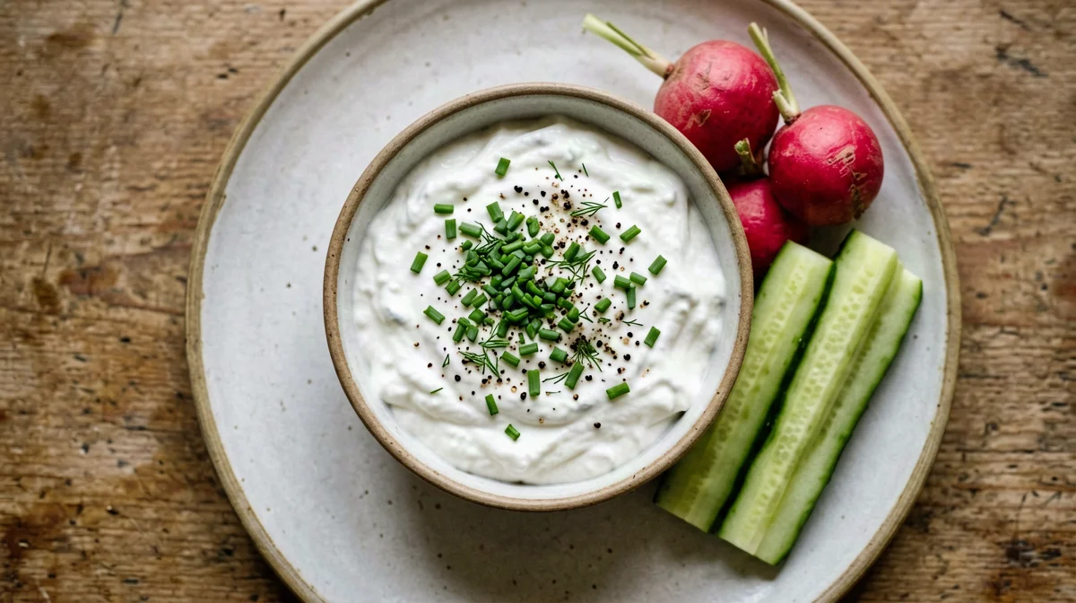 Herby Greek yogurt dip with radishes and cucumber