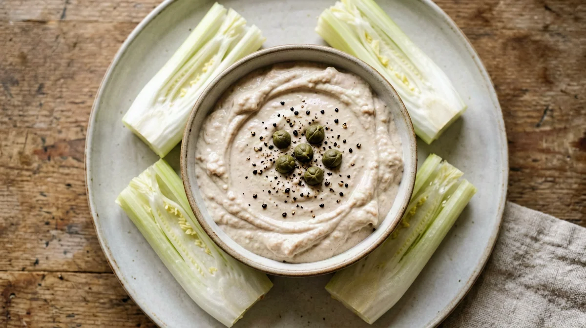 Salsa di tonno e yogurt ai capperi con cuori di finocchio