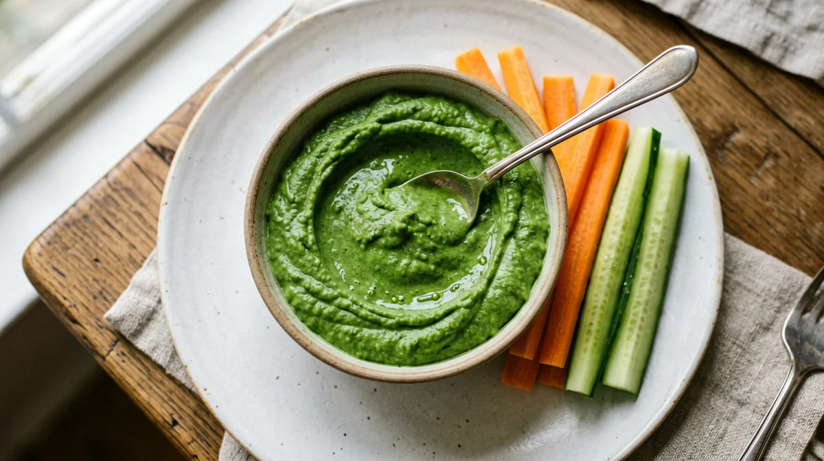 Hummus verde agli spinaci con carote e cetriolo