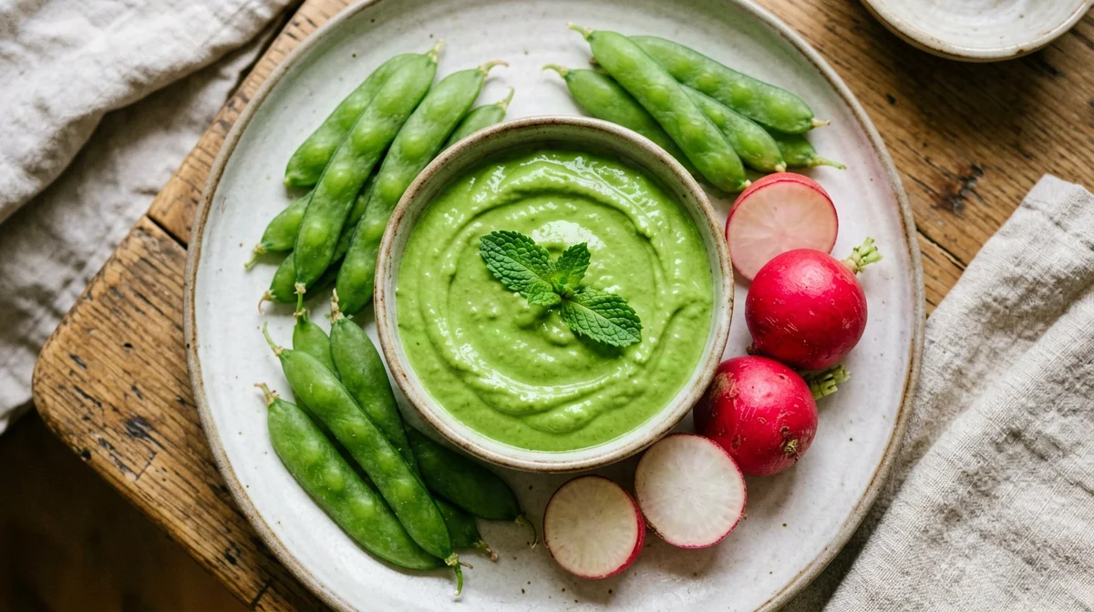 Pea and mint cream with mangetout and radishes