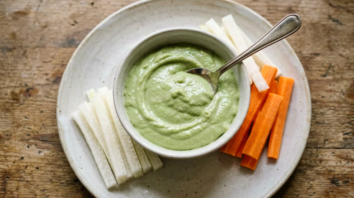Sesame edamame hummus with daikon and carrots