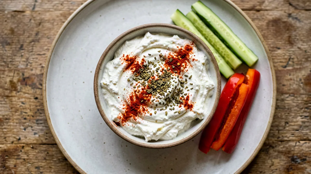 Spicy feta and yogurt dip with peppers and cucumber