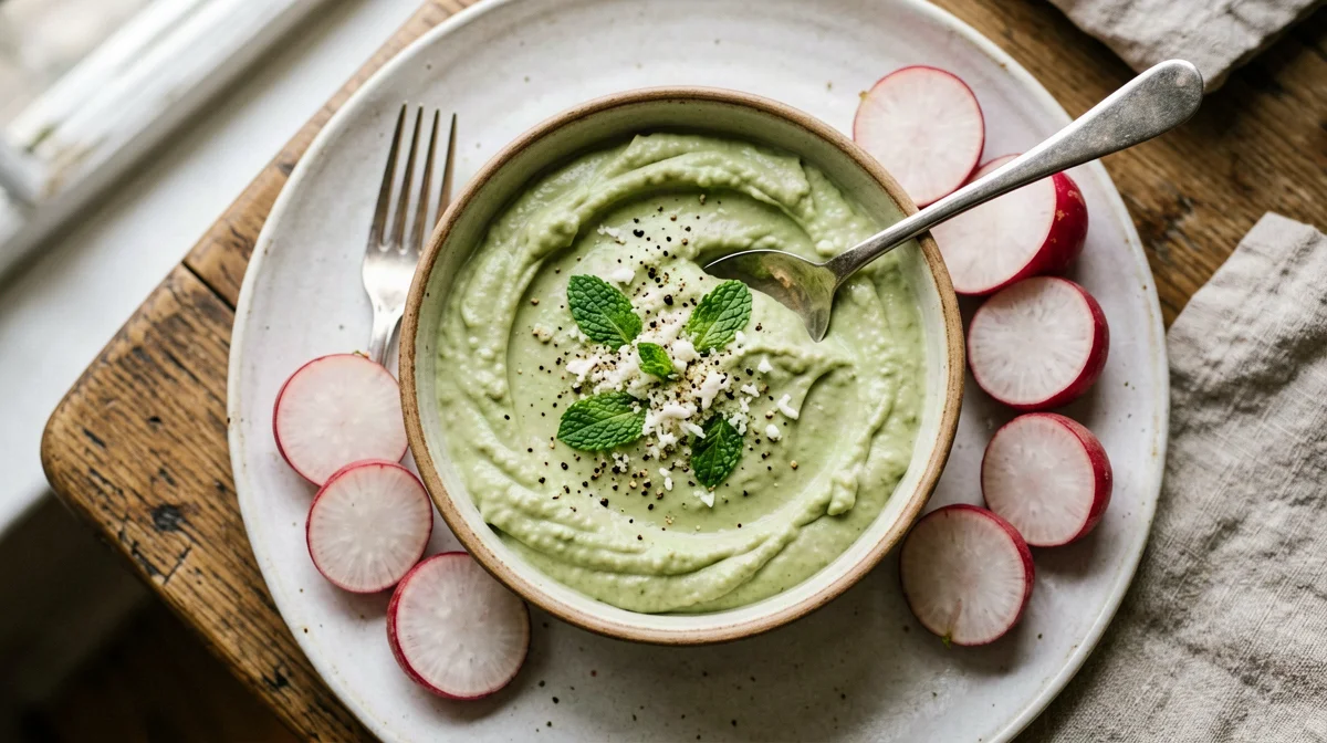 Broad bean and pecorino cream with radishes