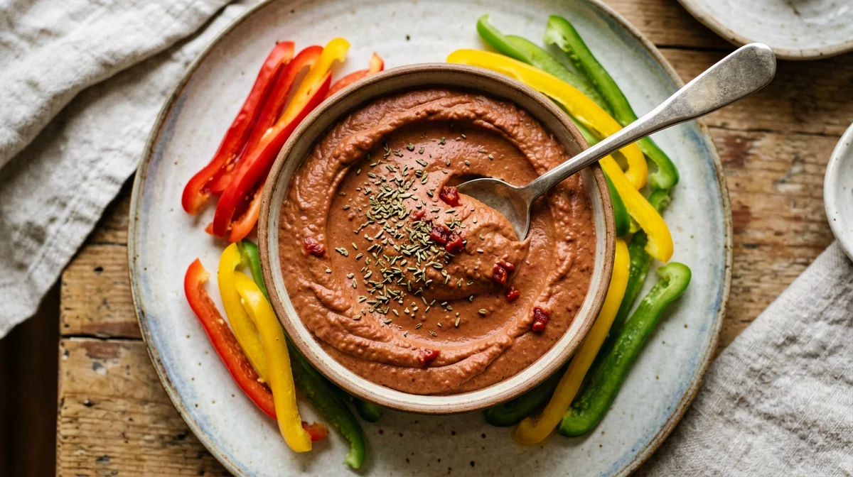 Sun-dried tomato hummus with pepper strips