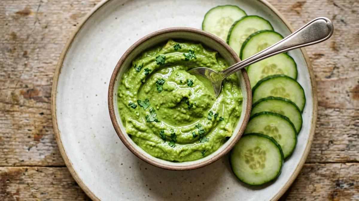 Avocado and edamame green dip with cucumber