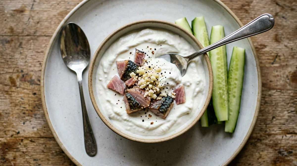 Mackerel and horseradish yogurt dip with cucumber
