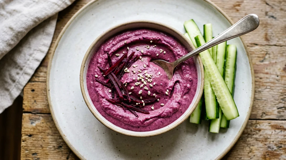 Dip rosa di quark, barbabietola e rafano con cetriolo
