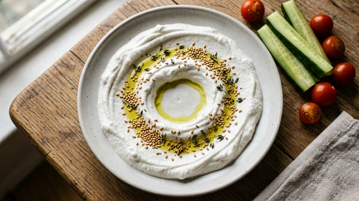Labneh alle erbe con sesamo, cetriolo e pomodorini
