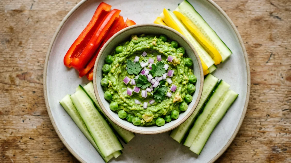 Guacamole di piselli con peperoni e cetriolo