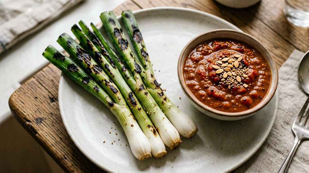 Romesco sauce with grilled spring onions