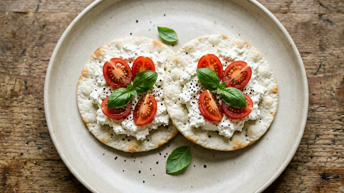 Gallette di riso con fiocchi di latte, pomodorini e basilico
