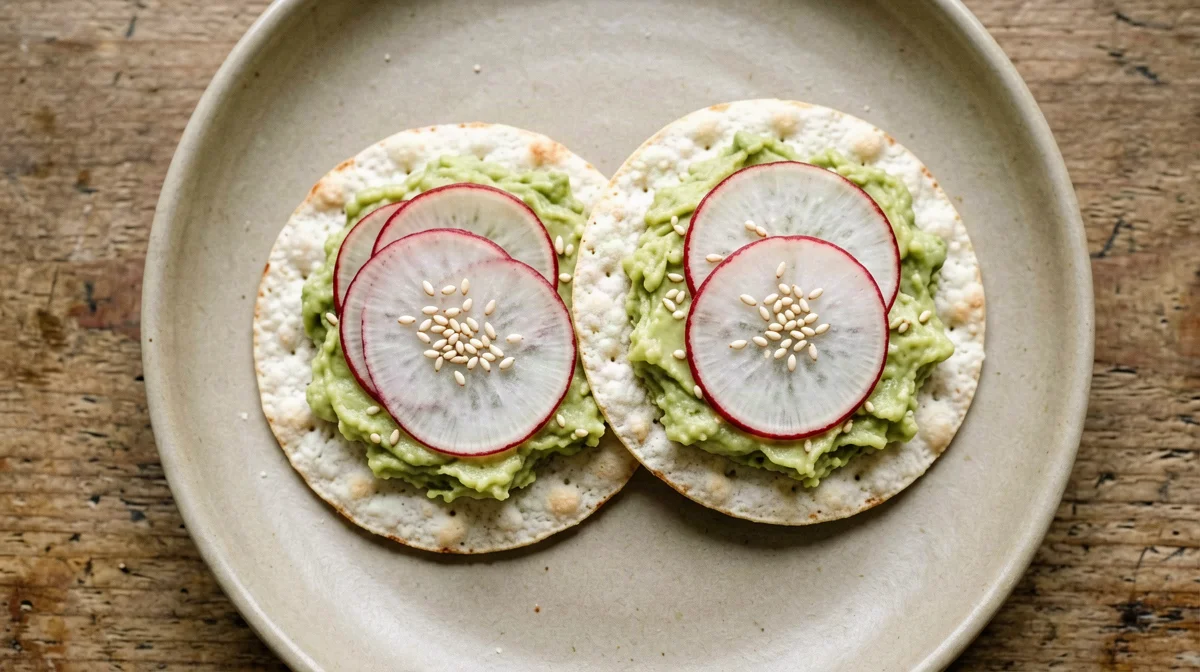 Gallette di mais con avocado, ravanelli e sesamo