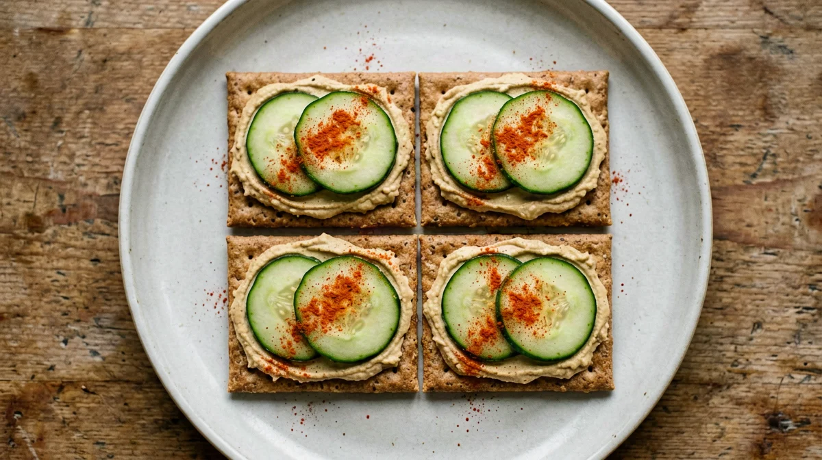 Crackers integrali con hummus e cetriolo a fettine