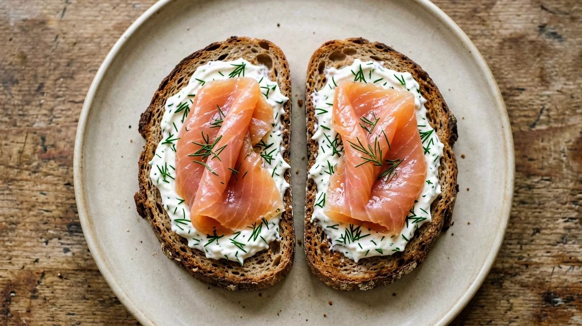 Rye toasts with smoked salmon and dill yogurt