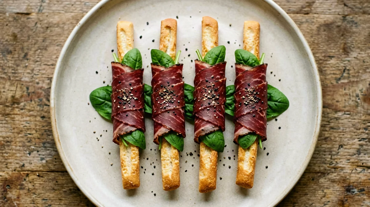 Breadsticks wrapped in bresaola with rocket