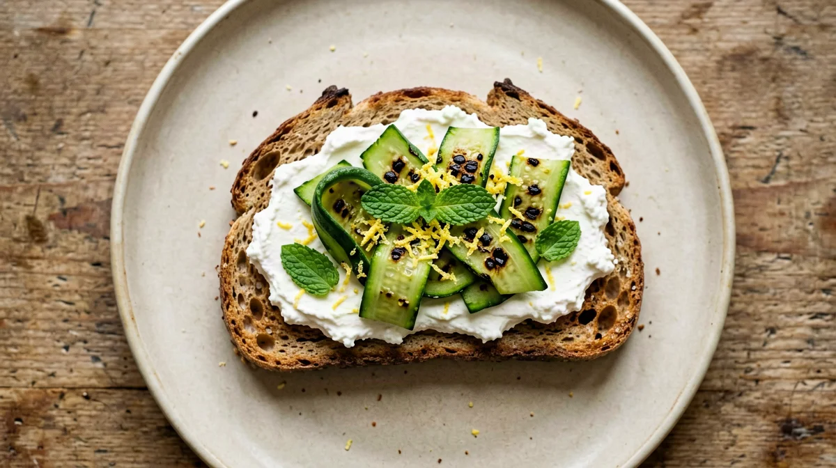 Whole wheat toast with ricotta, grilled courgette and mint