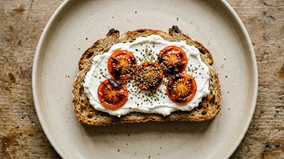 Bruschetta integrale con stracciatella e pomodorini al forno