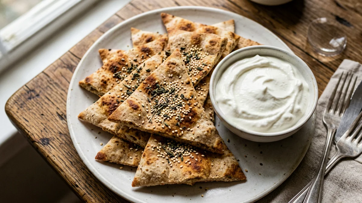 Pita integrale croccante al timo e sesamo con yogurt