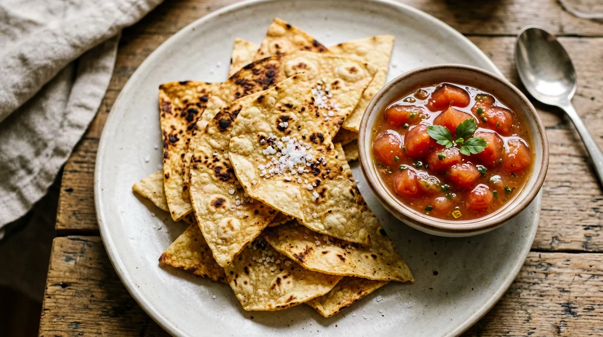 Baked corn tortilla chips with salsa