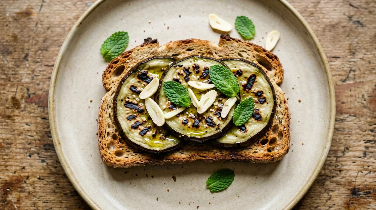 Bruschetta con melanzane grigliate, menta e aceto
