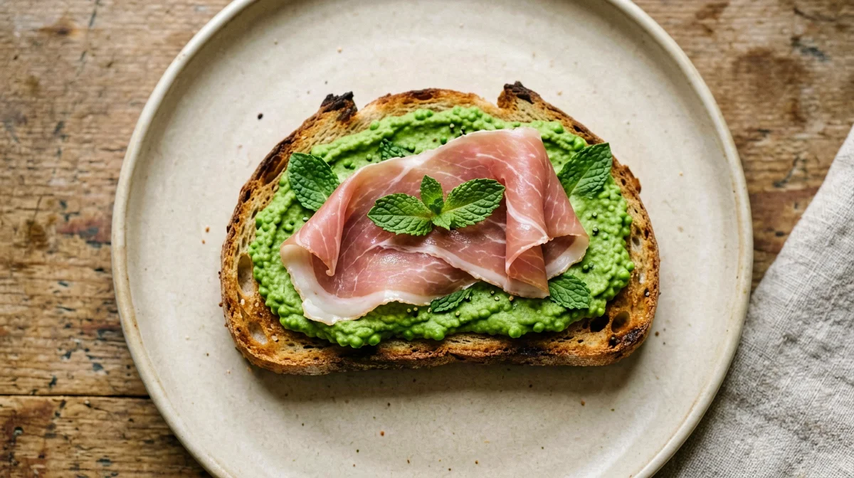Pea cream and prosciutto crostino