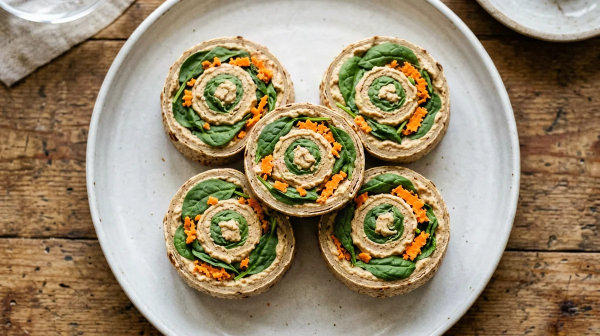 Girelle di tortilla integrale con hummus e spinaci