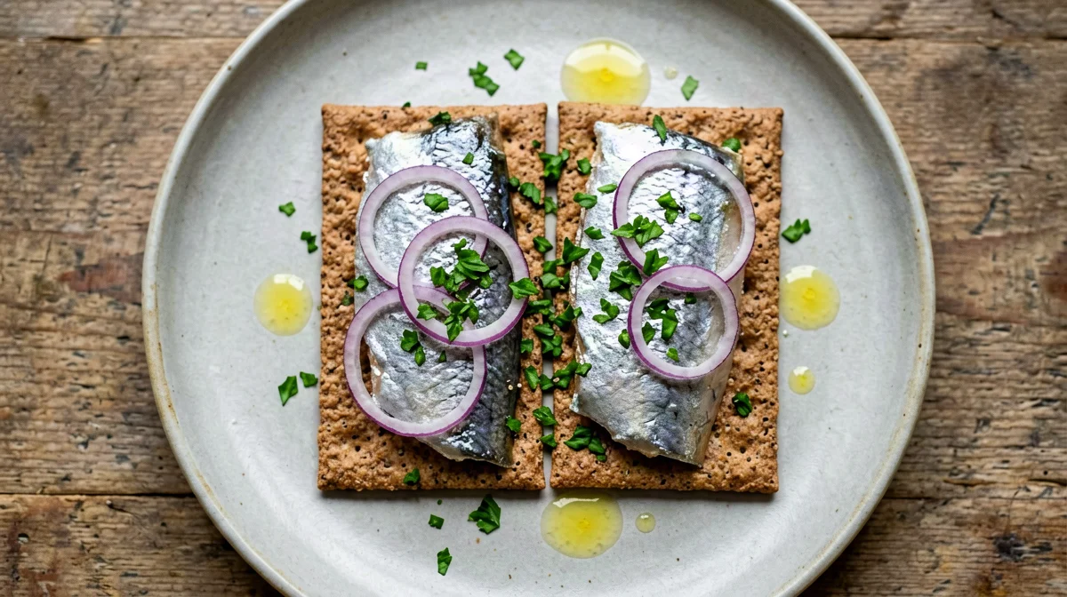 Whole wheat crackers with sardines and red onion