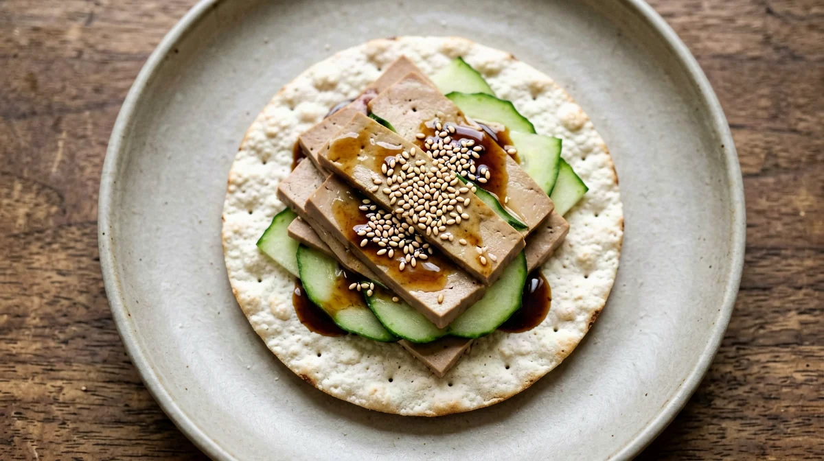Corn cakes with smoked tofu and sesame cucumber