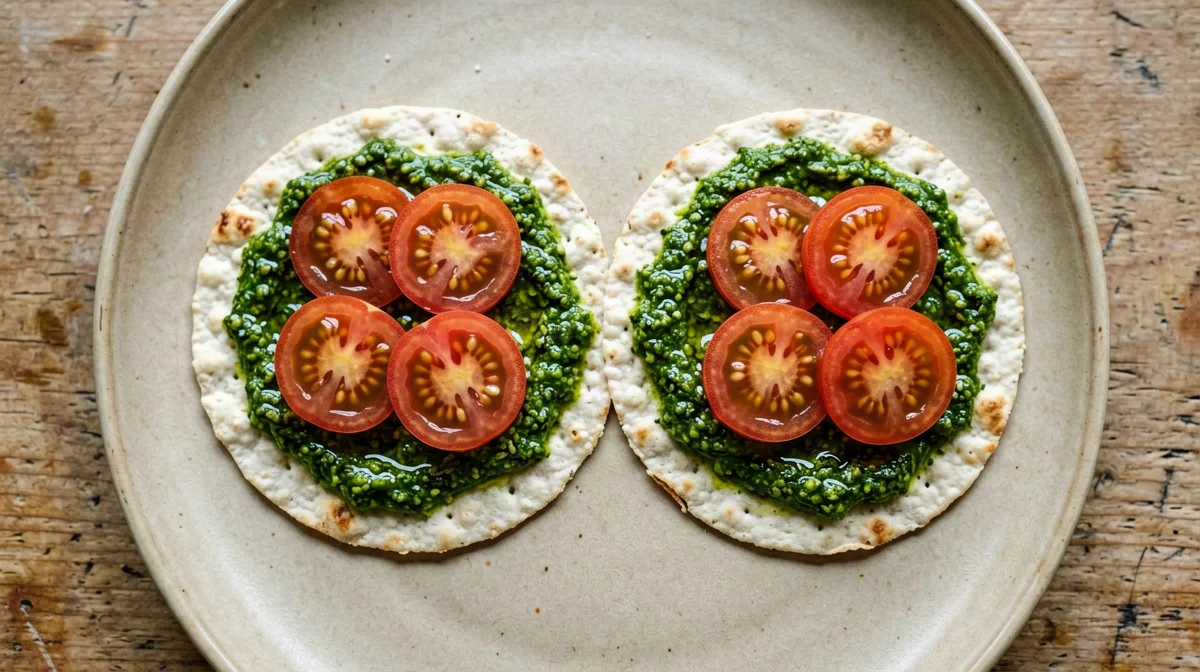 Rice cakes with rocket pesto and cherry tomatoes