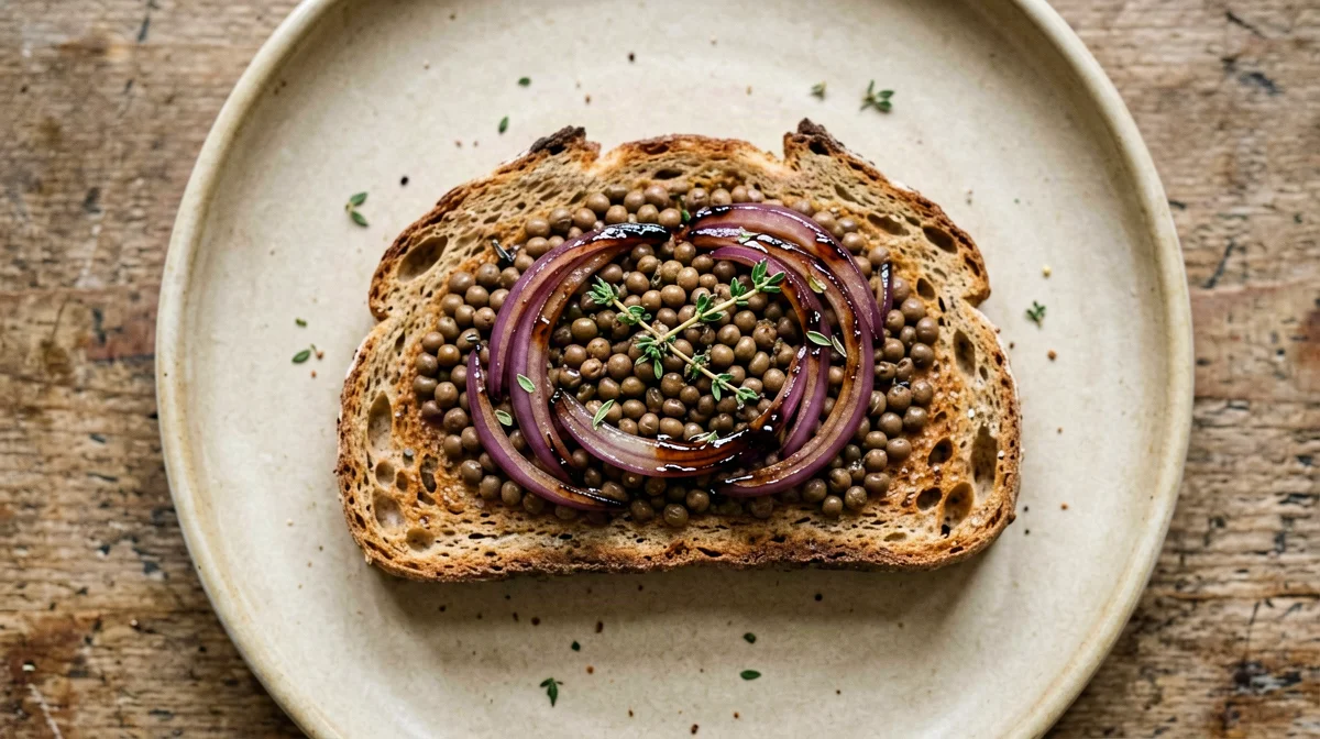 Bruschetta integrale con lenticchie e cipolla in agrodolce