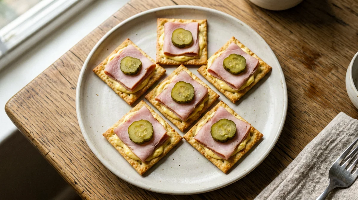 Crackers with ham and gherkins