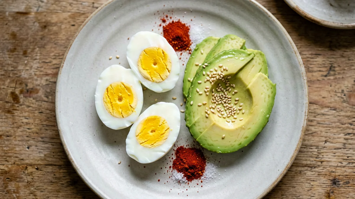 Hard-boiled egg with lime avocado and sesame
