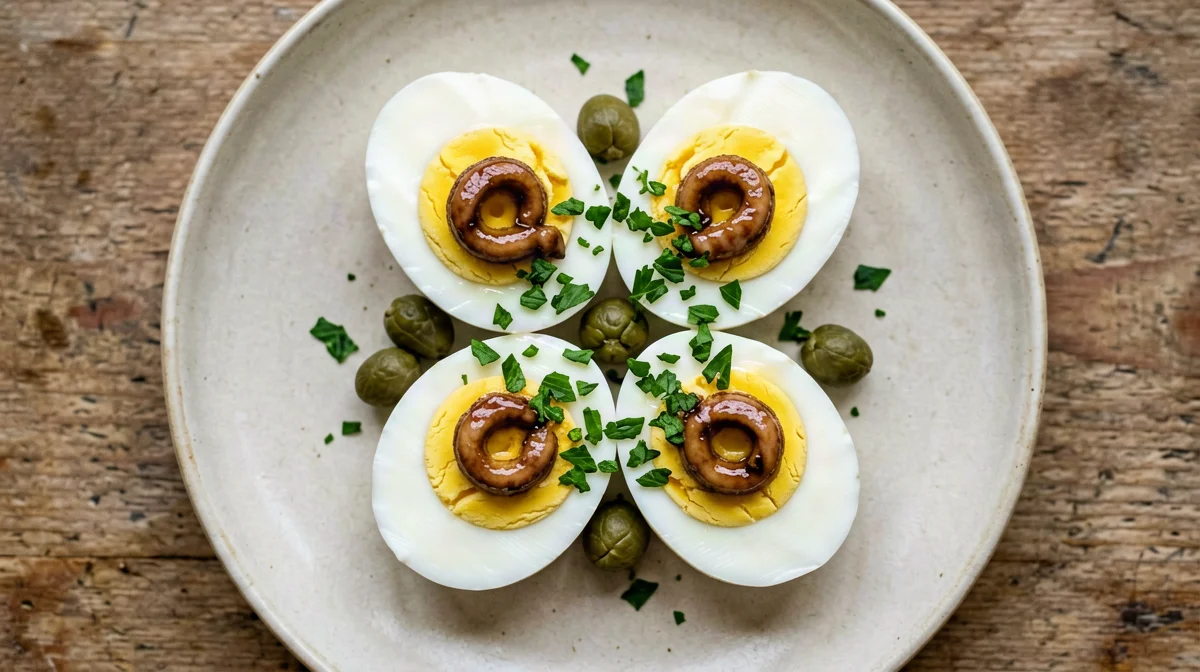 Hard-boiled eggs with anchovies, capers and parsley