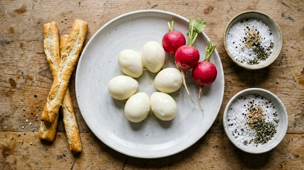 Quail eggs with radishes and herb salt