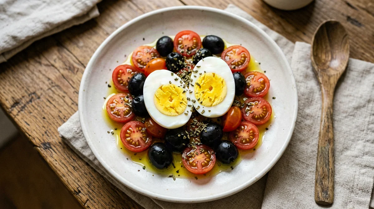 Hard-boiled egg with cherry tomato and olive salad