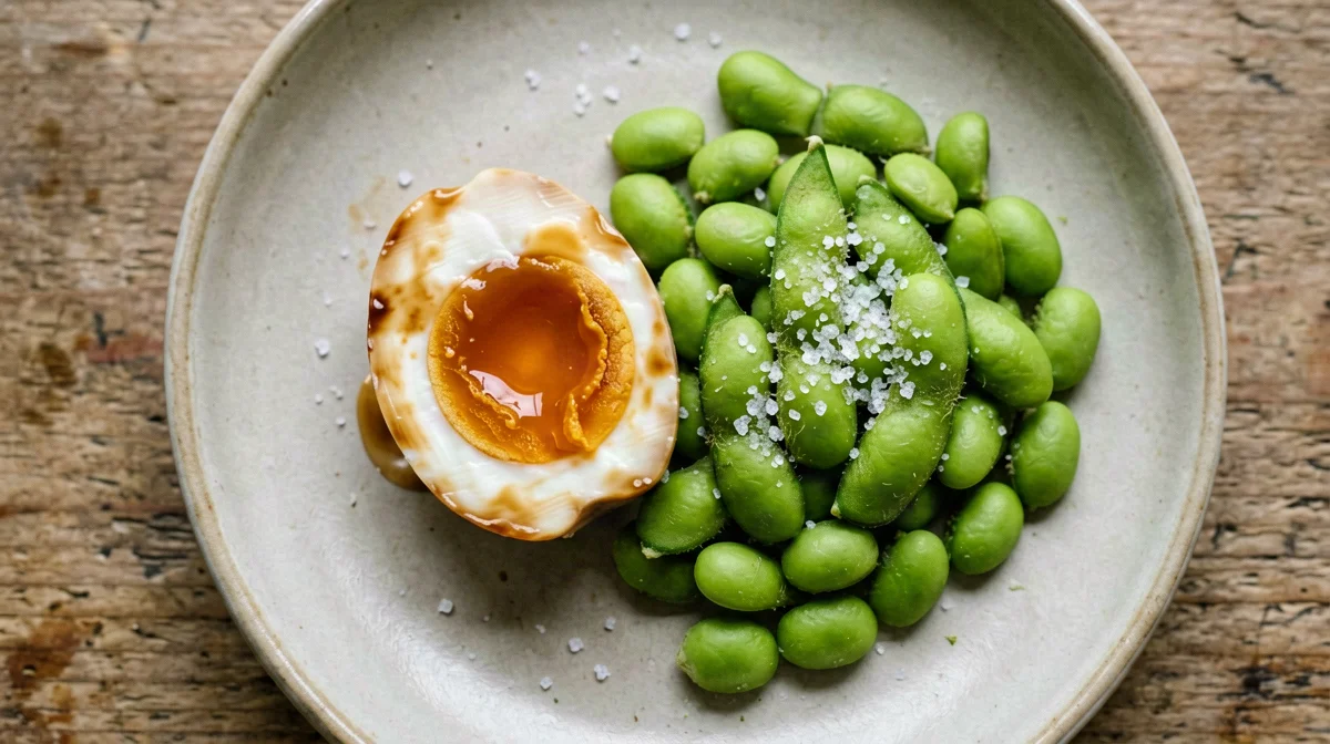 Soy-marinated egg with salted edamame